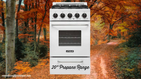 unique 20" propane range in white for off grid cooking at the cottage or cabin