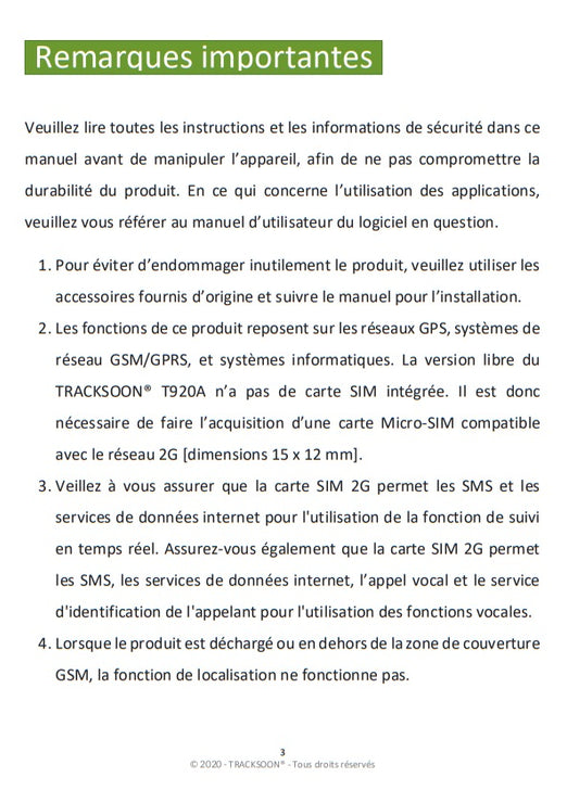 Manuel de l'utilisateur TRACKSOON® T920A page 3