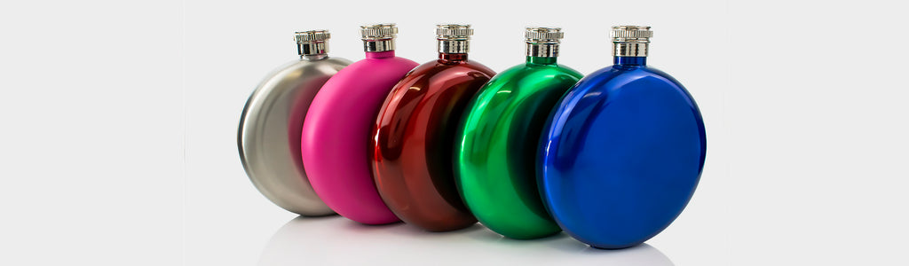 Engraved hip flask selection in red, pink, silver, black and red