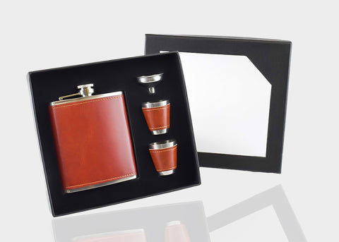 Leather hip flask gift set with cups and funnel in a black gift box