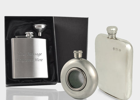 Traditional engraved hip flask made from pewter and steel, engraved with names