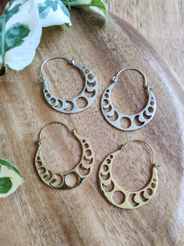 two sets of brass moon cycle hoop earrings