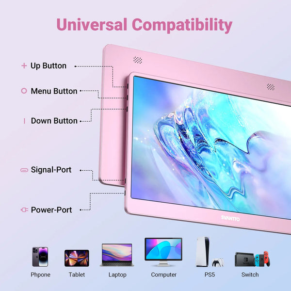 SVANTTO pink portable screen is compatible with a wide range of devices, including phones, computers, tablets, and the Nintendo Switch.