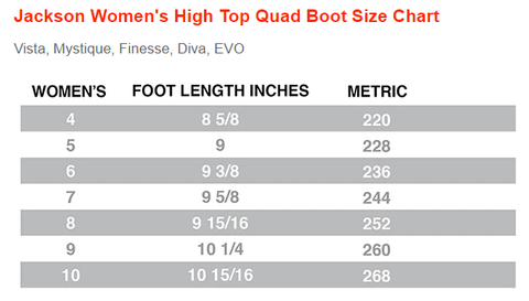 Jackson Women's High Top Quad Boot Size Chart