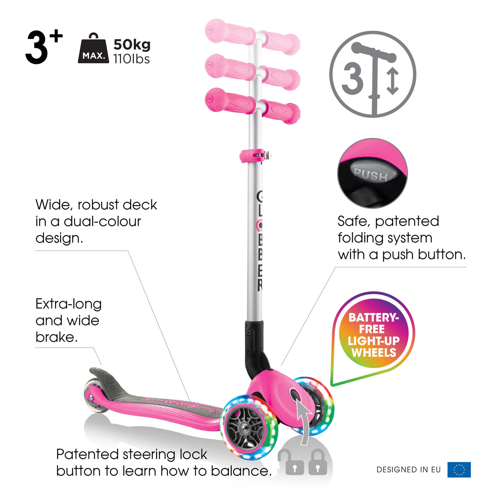 globber primo foldable lights pink scooter