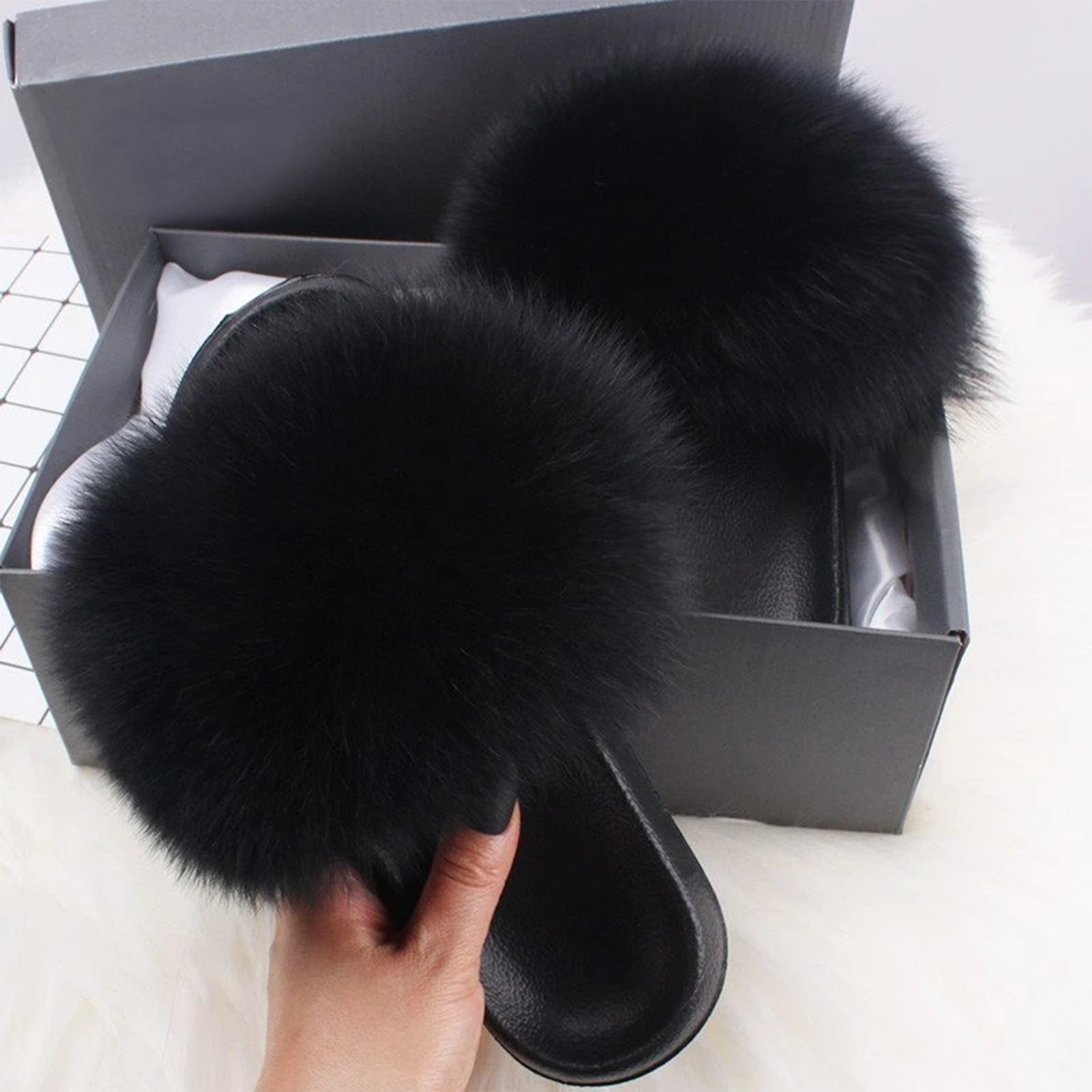 Ethel Anderson Fluffy Slippers Real FOX Fur Slides Indoor Flip