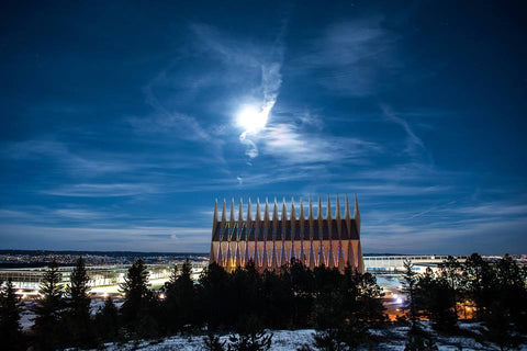 An evening picture of the Cadet Chapel on the U.S. Air Force Academy campus.