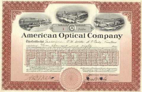 The Original American Optical Company stock certificate for 3,080 shares