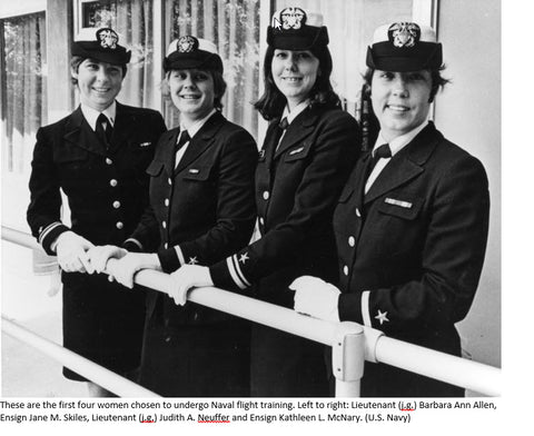 The first four women chosen for Naval pilot flight training. They are Lt. J.G. Allen,  Ensign Skiles, Lt. J.G. Neuffer and Ensign McNary.