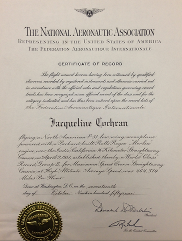 Jackie Cochran certificate of record for her flight in the Thunderbird on 4-9-51.