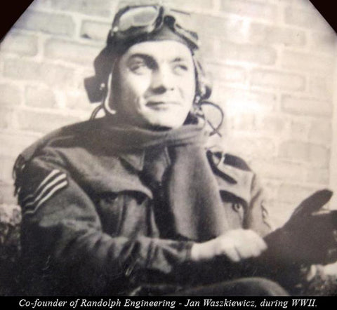 Jan Waszkiewicz, one of the founders of Randolph Engineering,  in his flying gear as a navigator for a Lancaster Bomber of the Royal Air Force during the Second World War.