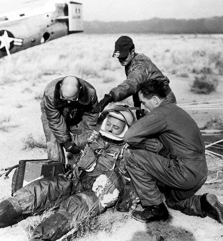 Capt. Kittinger upon landing on the New Mexico desert after jumping from Excelsior III at 102,800 feet.