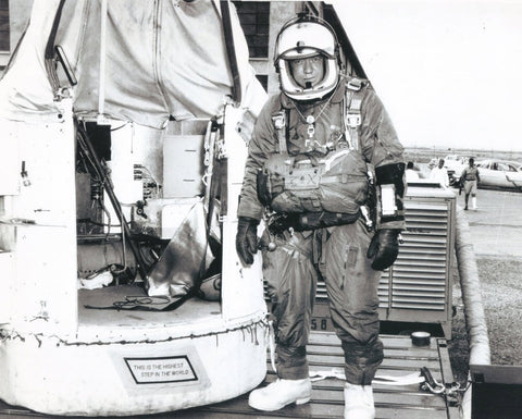 A photograph of Capt. Joseph W. Kittinger II about to take the highest step in the world.