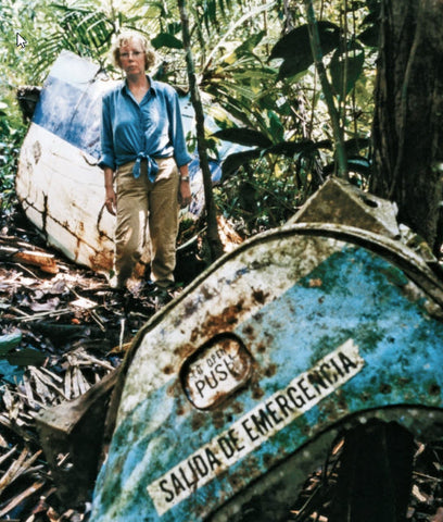 Juliane Koepcke amid the wreckage of the aircraft in the jungle.