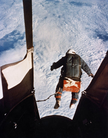 A photo of Capt. Kittinger jumping from Excelsior III at 102,800 feet over the New Mexico desert.