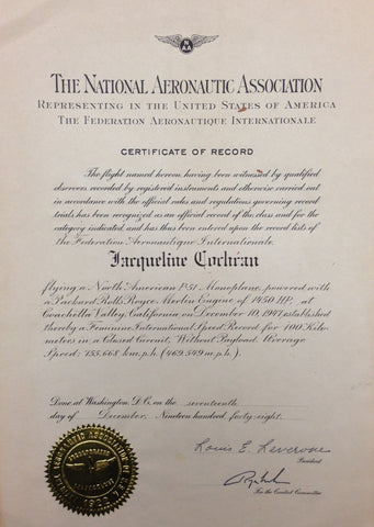 National Aeronautic Association Certificate of Record in the San Diego Air & Space Museum Archive.