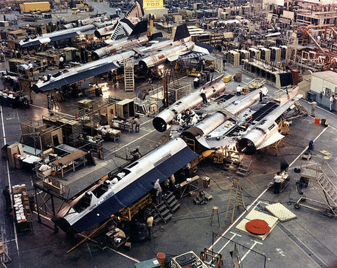 The SR-71 assembly line at the Lockheed Aircraft "Skunk Works" - the world's fastest manned aircraft.