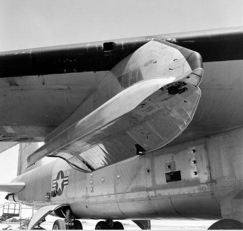 The X-15 was attached to this underwing pylon by three remotely-actuated standard Air Force bomb shackles. (NASA)