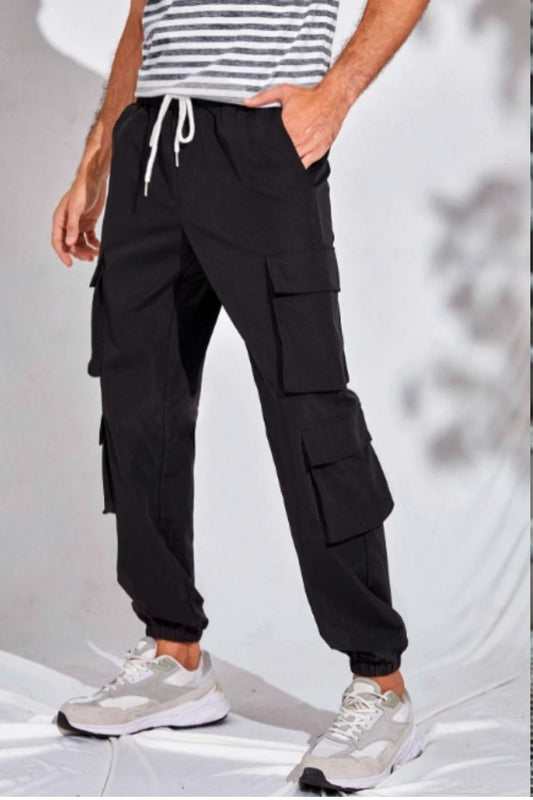 Drawstring Waist Striped Side Flap Pocket Pants