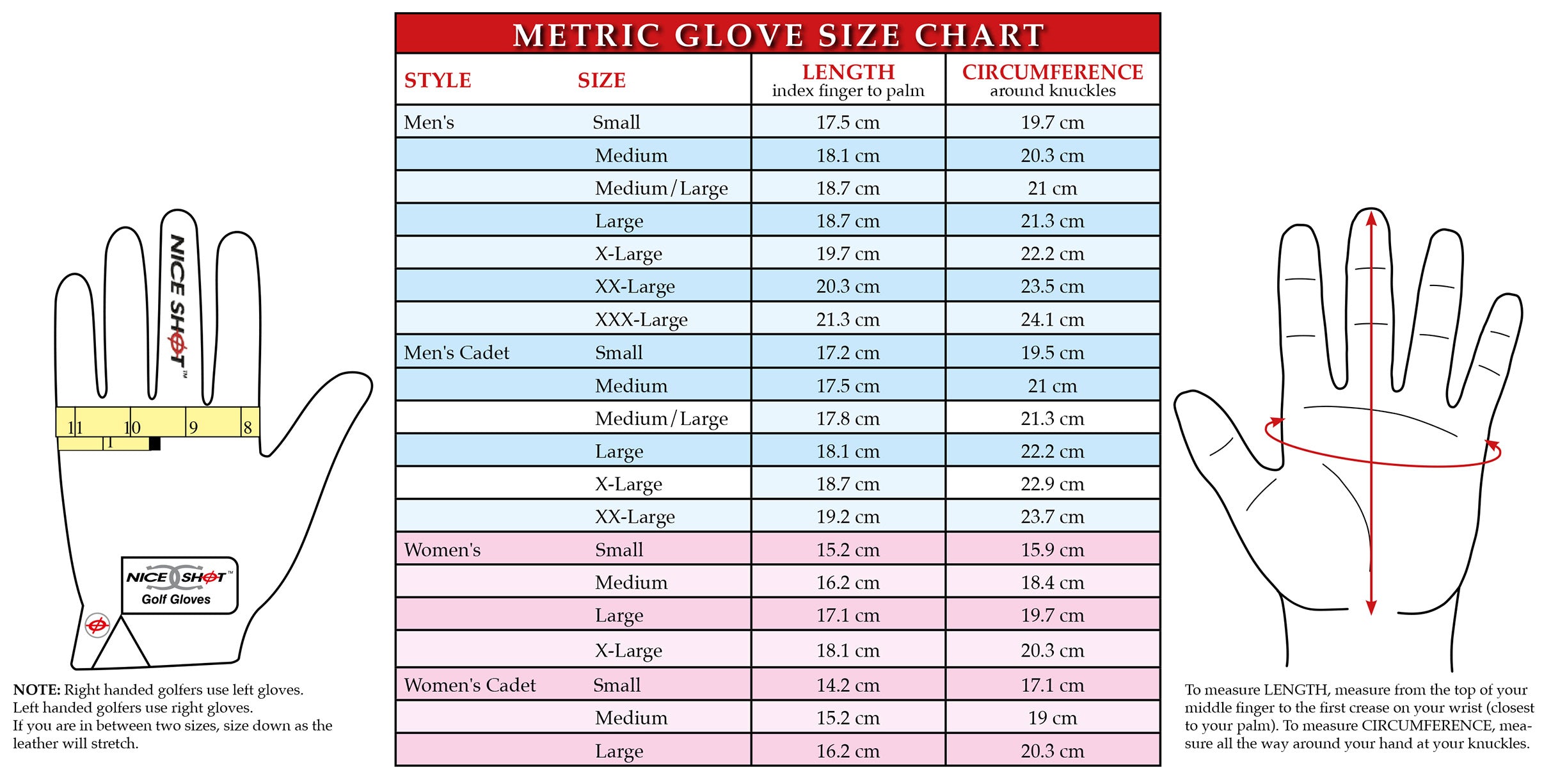 golf glove size chart