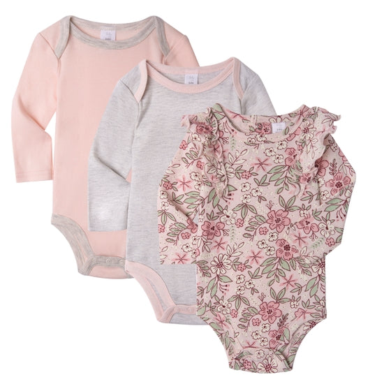 3Pk Long Sleeve Bodysuit - Ruffled Floral Pink