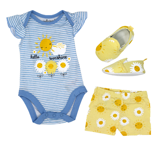 3pc Bodysuit, Shorts, and Shoe Set - Hello Sunshine