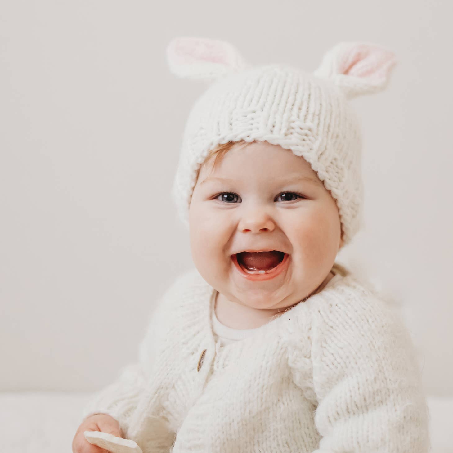 Bunny Ears Beanie Hat - White/Blush