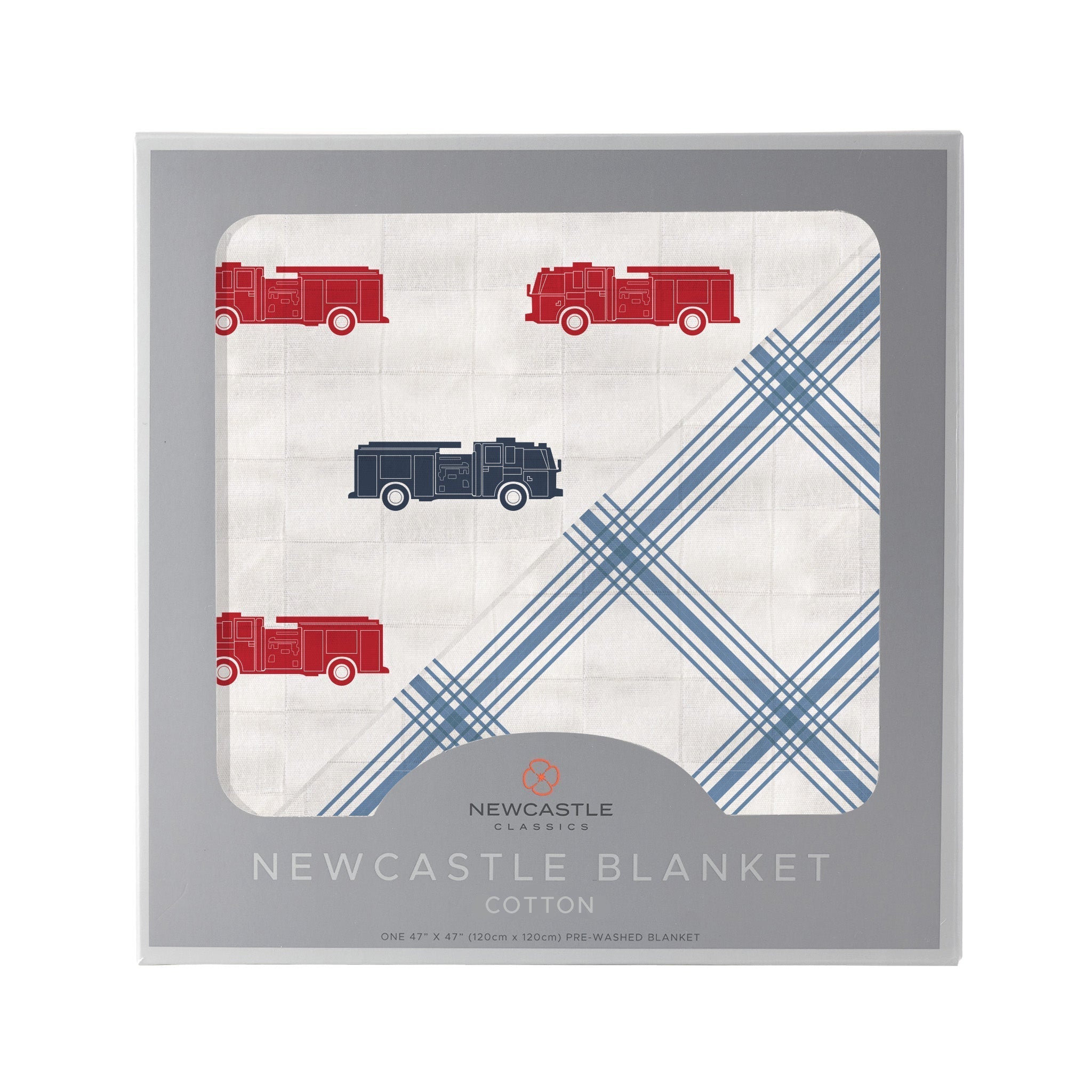 Blue and Red Fire Trucks and Buffalo Check Plaid Cotton Newcastle Blanket