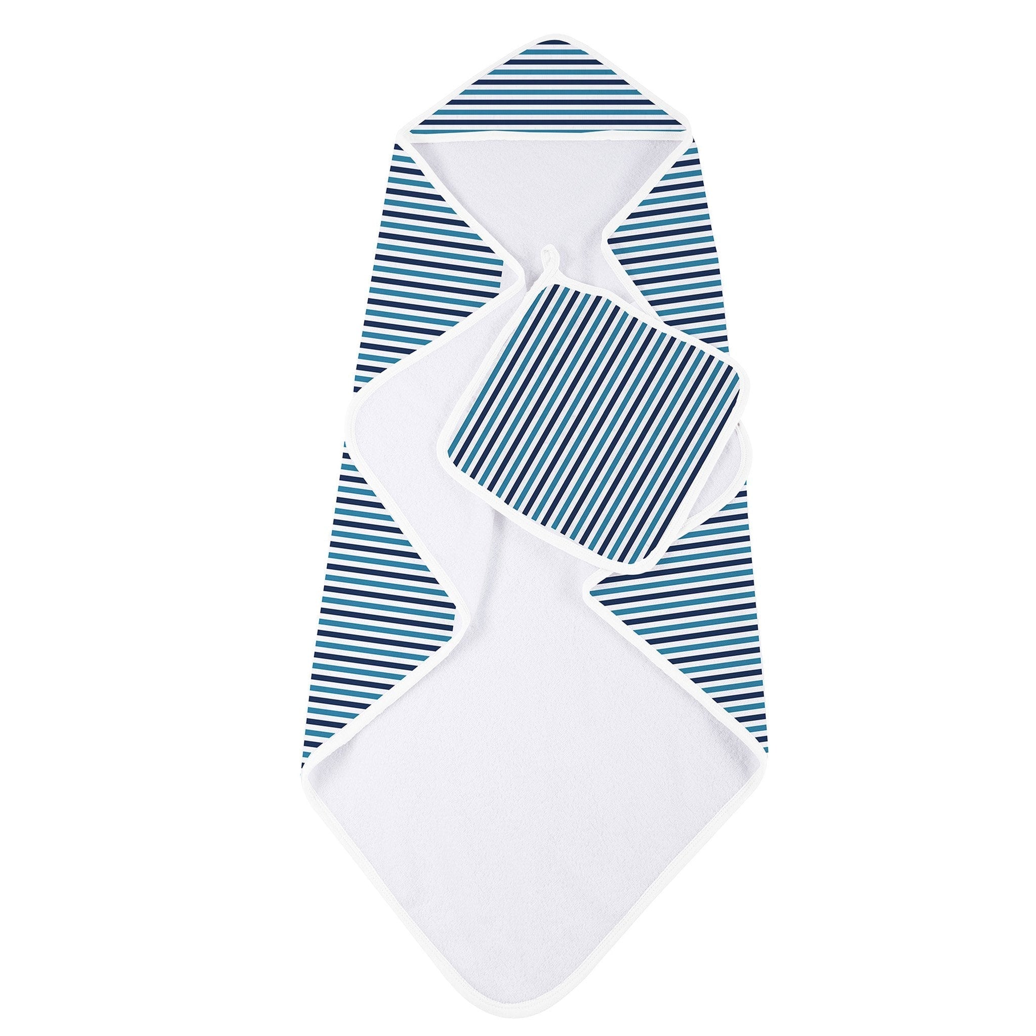 Blue and White Stripe Bamboo Hooded Towel and Washcloth Set