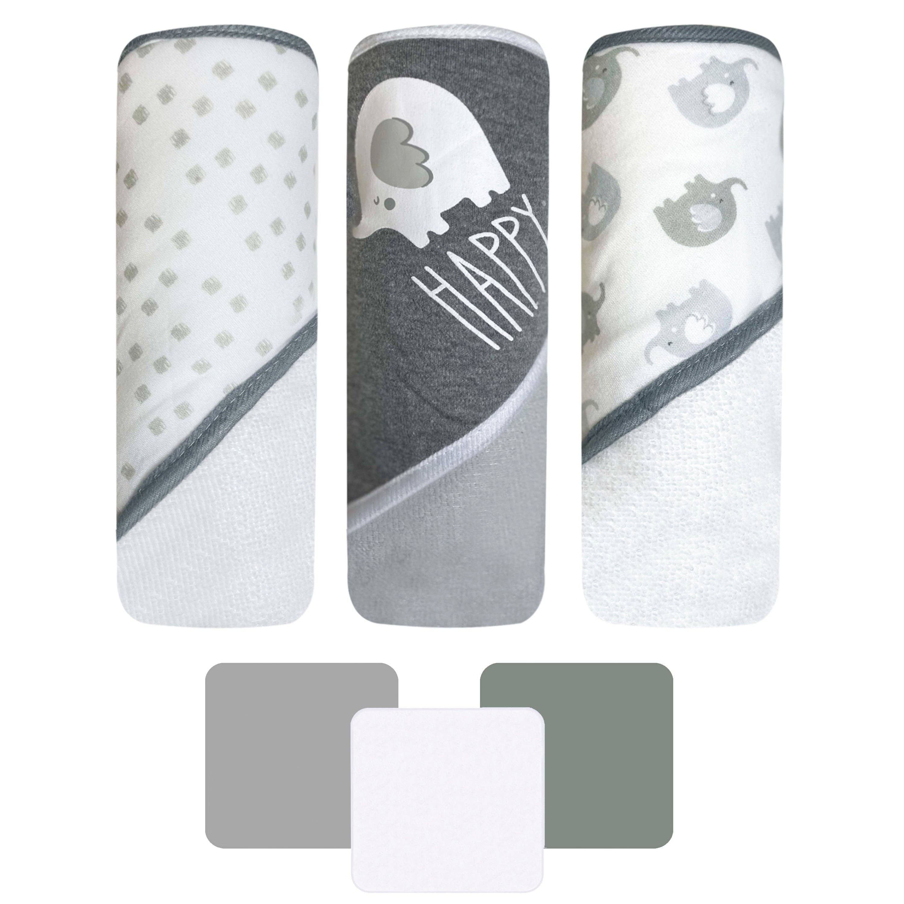 3Pk Hooded Towel W/ 3Pk Wash Cloth - Happy Elephant Grey