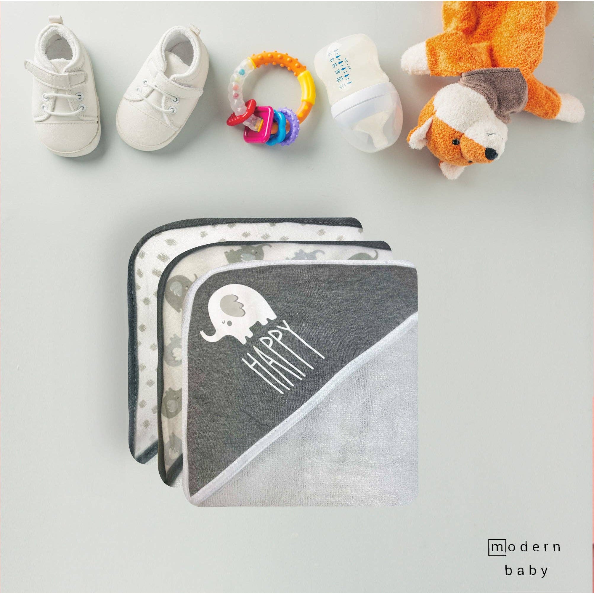 3Pk Hooded Towel W/ 3Pk Wash Cloth - Happy Elephant Grey