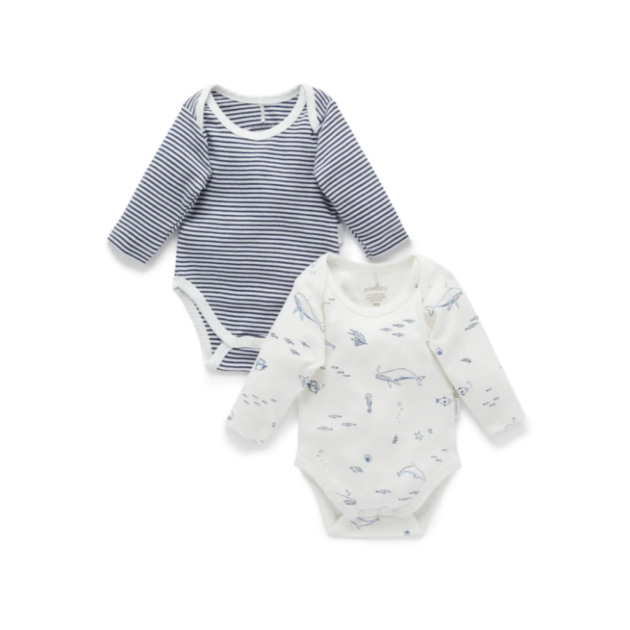 2-Pack Easy Neck Long Sleeve Bodysuit - Vanilla Nautical