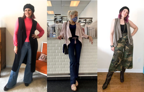 Left to right: Helluva vest over Meghan top, Faye Jacket in blush leatherette, Bonnie vest in taupe linen over camo Jill pants