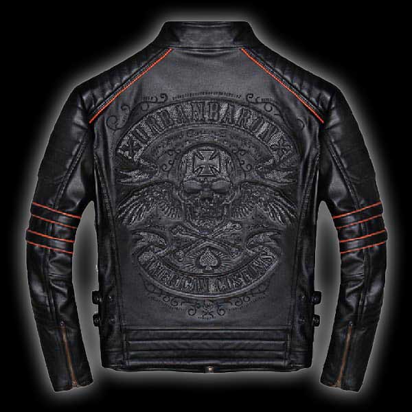 Black Leather Biker Jacket With Skull Printed Sleeves