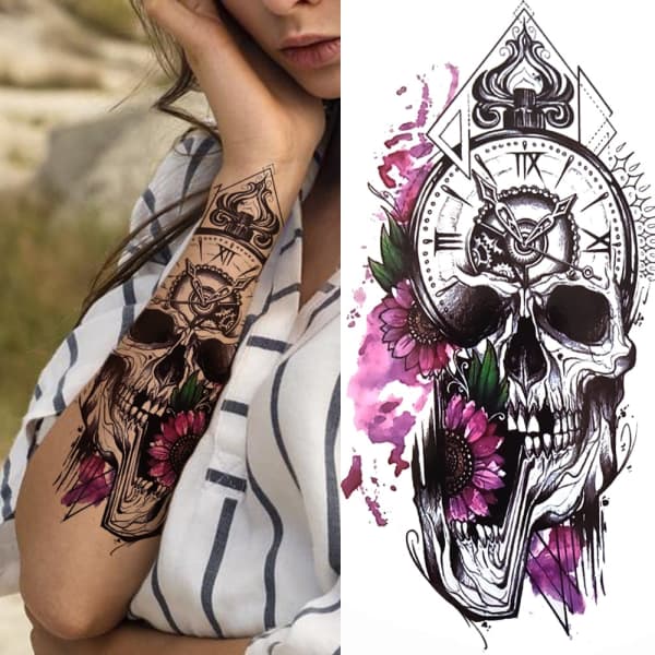 floral skull tattoo