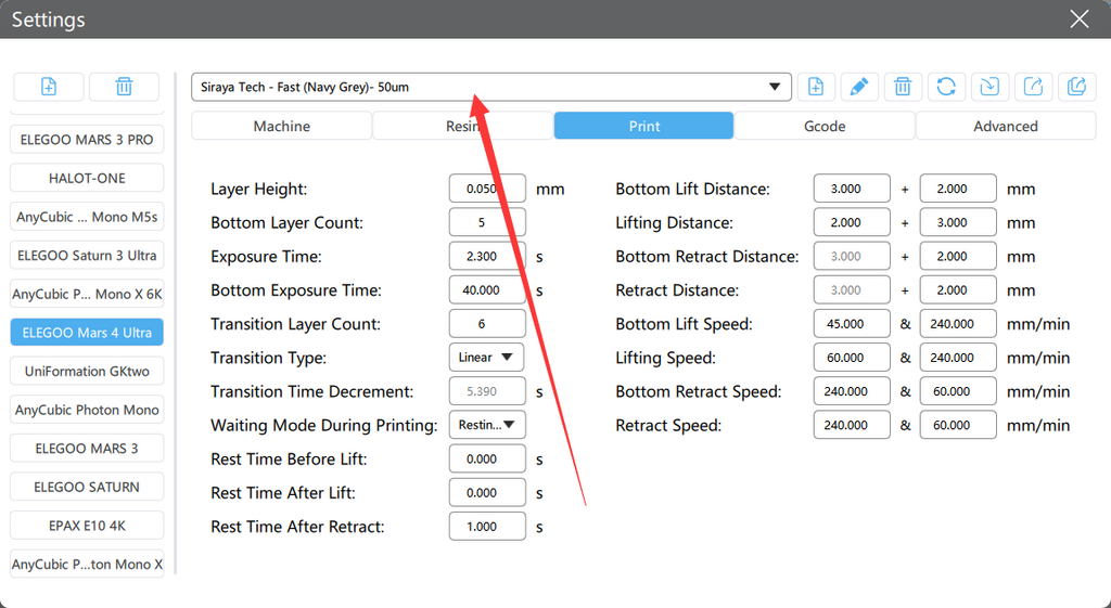 3d printing resin print settings import for Elegoo Mars 4 Ultra in Chitubox slicer