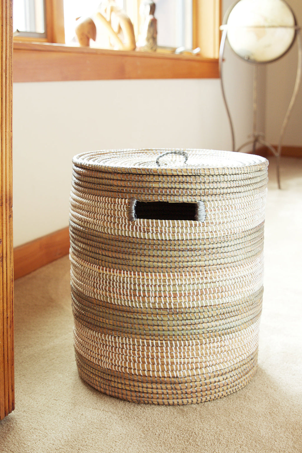 Black, Silver and White Striped Knitting Basket