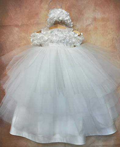 Linda Satin & tulle with silk flower accent and Drop shoulder Sleeve