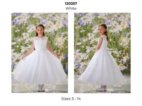 Girls White 3D flowers top, illusion/tulle skirt