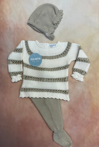 Baby girls ivory and dark beige knit with matching hat