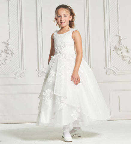 lace placed on chantilly lace, pleated skirt over tulle communion dress or flower girl dress ivory