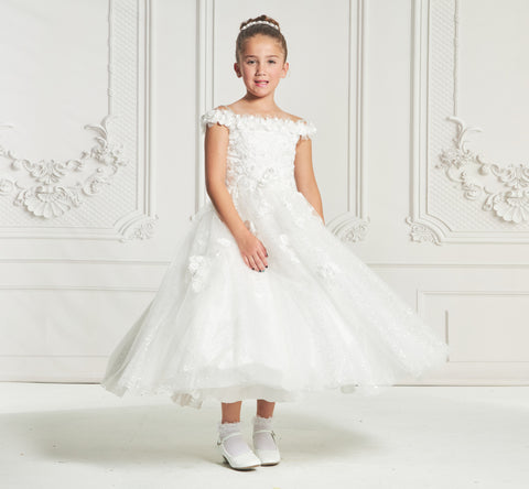 off shoulder 3d flower /lace tulle skirt communion or flower girl dress