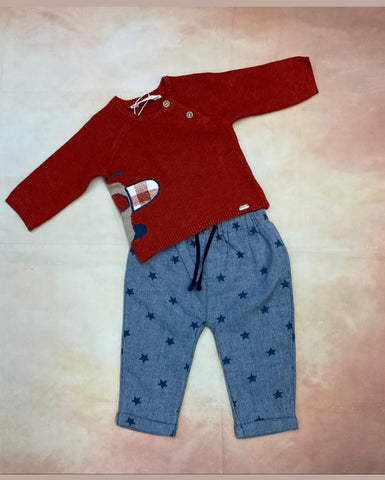 2515 boy rust color  knit top with air plane motif lined boys star pattern pant