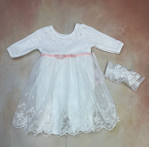 Infant baby girl layette one piece with lace overlay diamond white & peach romper with matching headband