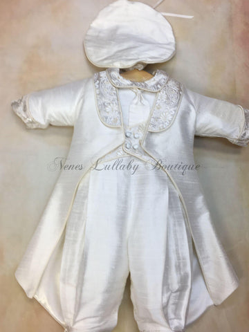 Aldo boy Christening Suit 100% Raw silk with Gold Brocade & newboy Cap