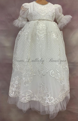 Alegra all metallic lace and tulle christening gown with matching bonnet by Piccolo Bacio Couture