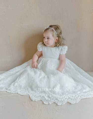 Teter Warm Long Lace Christening Gown with Rhinestone Belt and matching bonnet