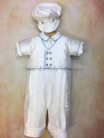Infant boy silk christening romper with blue piping short sleeve long pant & matching newsboy cap