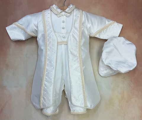 Valentino boy Christening Suit White Silk with cream cording accents with matching news boy cap