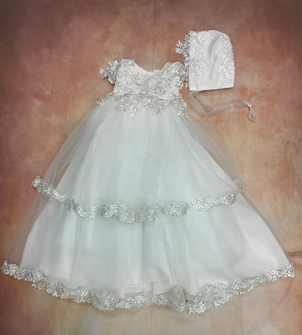 35013DW Girls Diamond White Christening gown w/matching bonnet